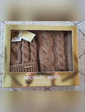 Michael Kors Camel Brown Cable Knit Scarf & Beanie Set